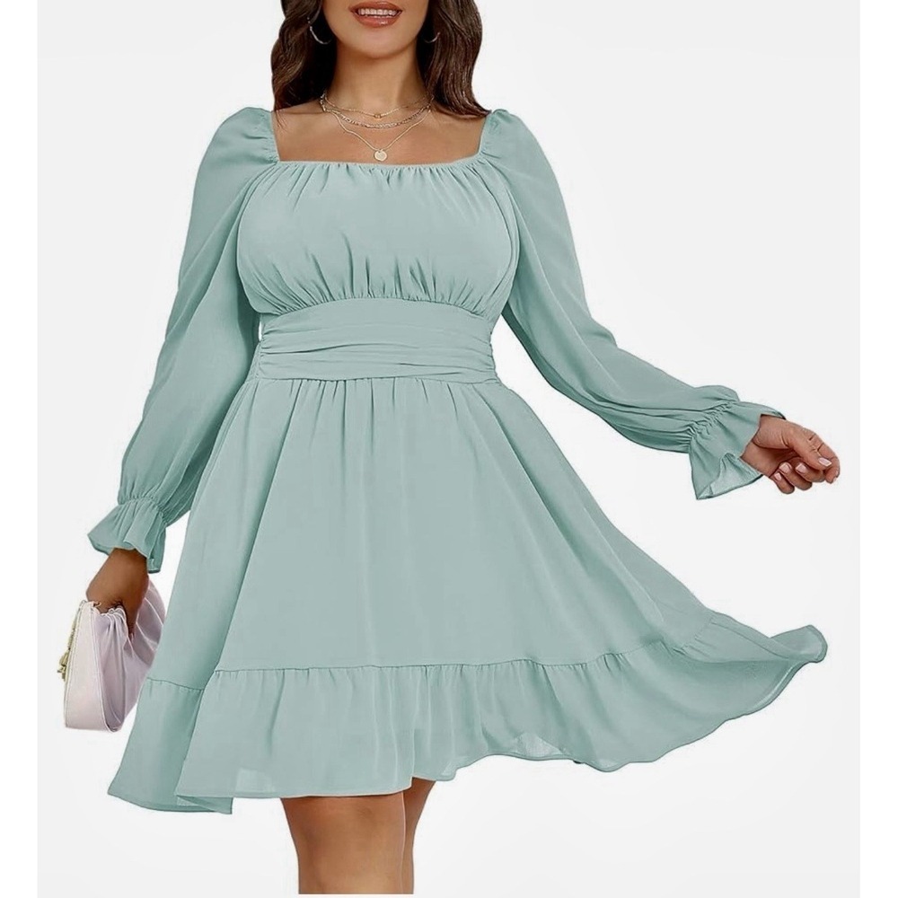 Dokotoo Puff Sleeve Ruched Waist Ruffle Tie Back Mini Babydoll Dress Size Small